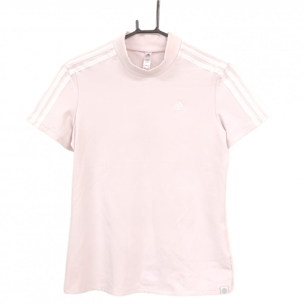 【超美品】アディダス 半袖ハイネックシャツ ライトピンク×白 肩・袖3ライン 胸ロゴ レディース M ゴルフウェア adidas