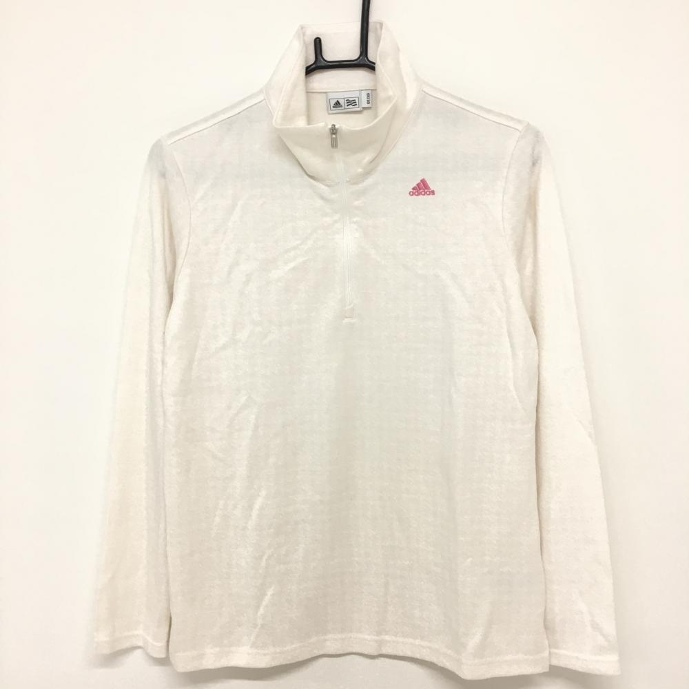 【美品】アディダス 長袖ハイネックシャツ 白 総柄織生地 アクリル混 ハーフジップ  レディース OT/XG ゴルフウェア adidas