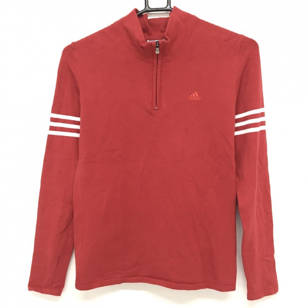アディダス 長袖ハイネックシャツ レッド×白 ハーフジップ 袖3ライン  レディース M/M ゴルフウェア adidas