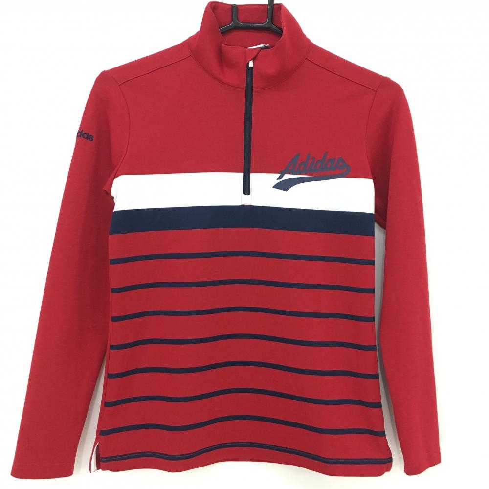 アディダス 長袖ハイネックシャツ レッド×ネイビー 一部ボーダー ハーフジップ レディース S/P ゴルフウェア adidas