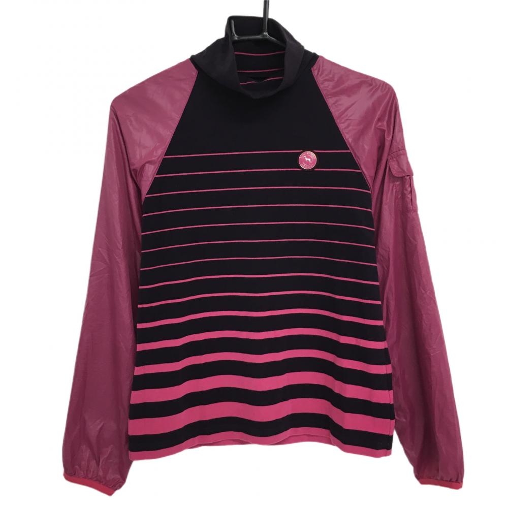 【超美品】アディダス 長袖ハイネックシャツ パープル×ピンク ボーダー 異素材 ロゴワッペン レディース 38 ゴルフウェア adidas 画像