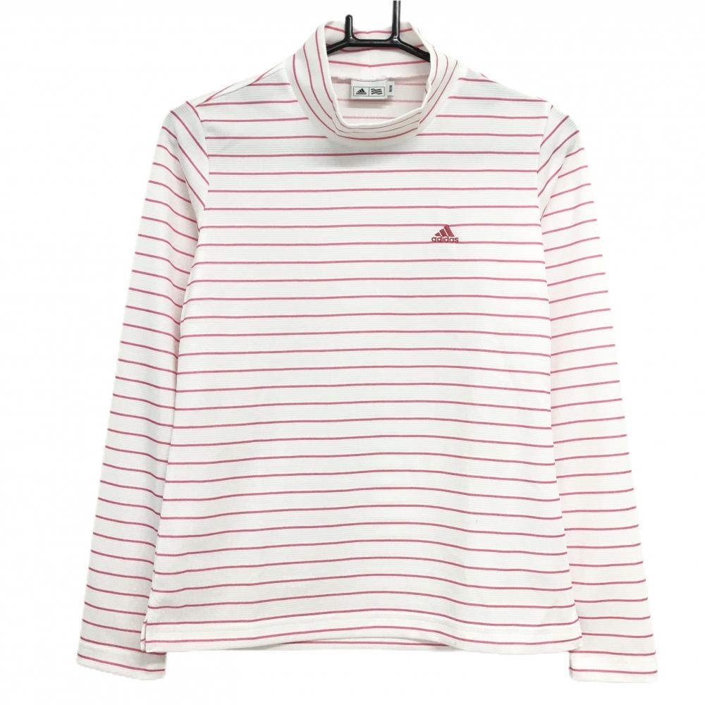アディダス 長袖ハイネックシャツ 白×ピンク ボーダー ロゴ刺しゅう レディース M/M ゴルフウェア adidas