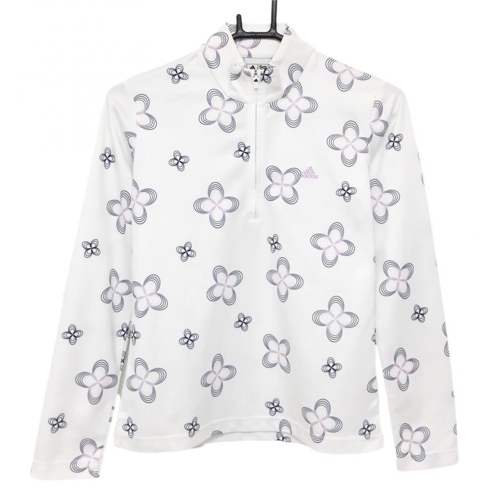 アディダス 長袖ハイネックシャツ 白×ネイビー 花柄 ハーフジップ  レディース M/M ゴルフウェア adidas