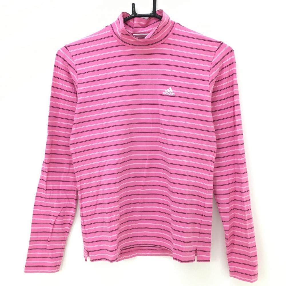 【美品】アディダス 長袖ハイネックシャツ ピンク×黒 ボーダー柄 ロゴ刺しゅう レディース S/P ゴルフウェア adidas