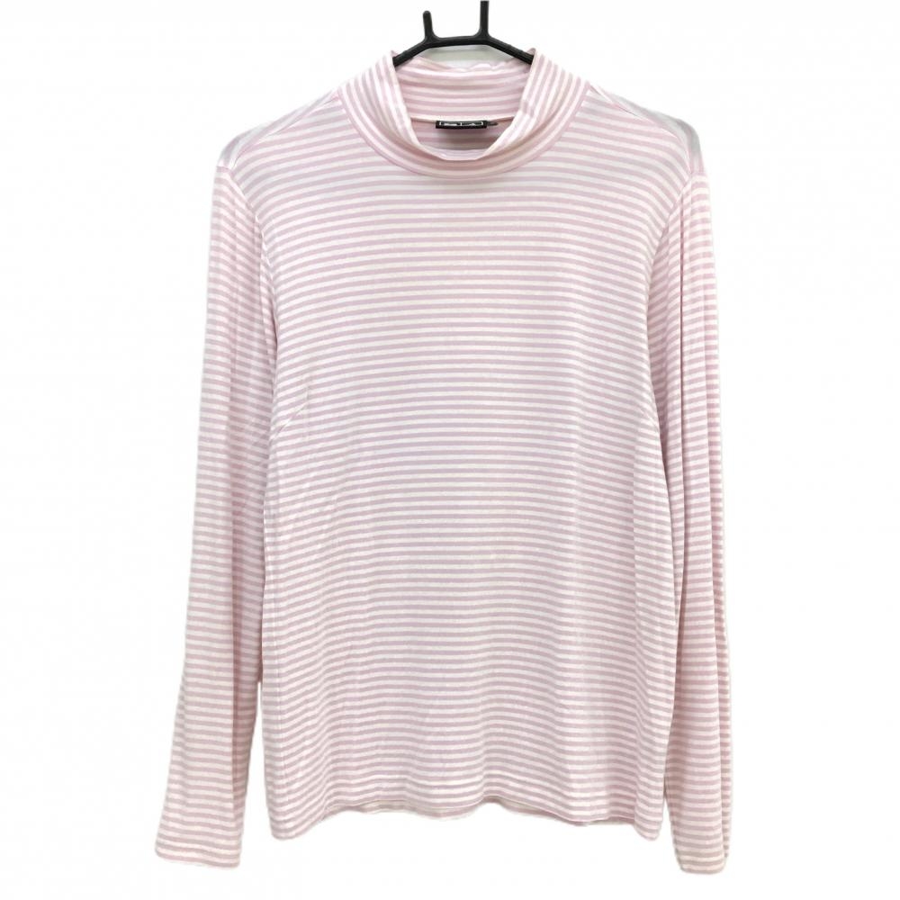 アディダス 長袖ハイネックシャツ ピンク×白 ボーダー ネックロゴ レディース L/G ゴルフウェア adidas
