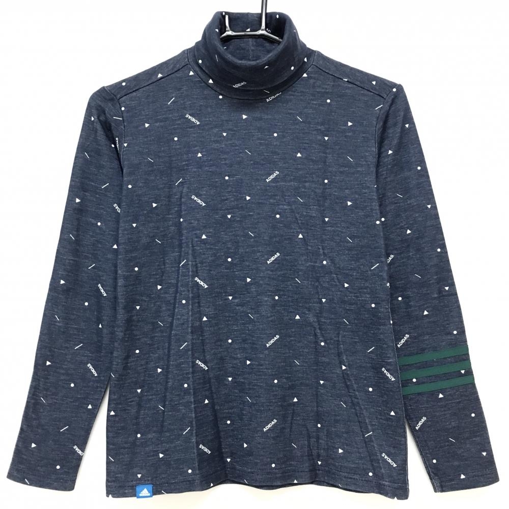 【超美品】アディダス 長袖ハイネックシャツ ネイビー×白 ロゴ総柄 タートル 裏微起毛  レディース S/P ゴルフウェア adidas