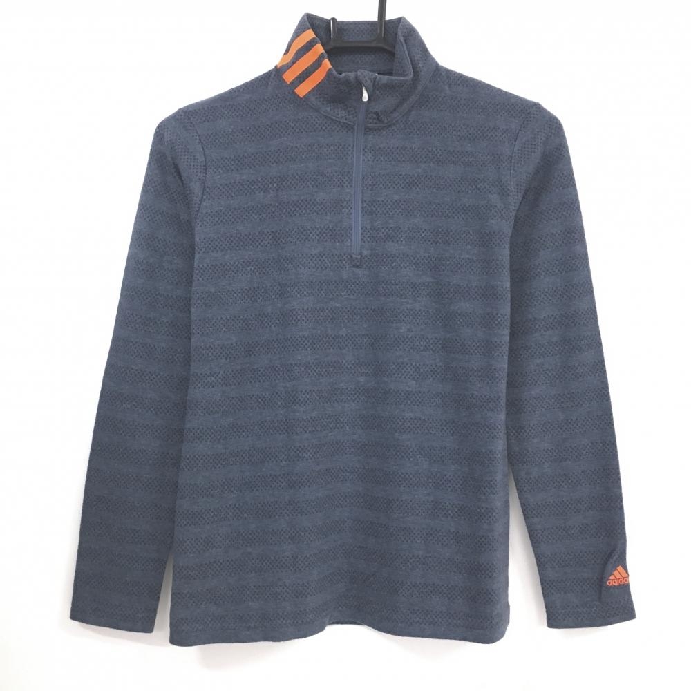 【美品】アディダス 長袖ハイネックシャツ ネイビーグレー×ネイビー ボーダー ネック3ライン 微起毛 レディース M/M ゴルフウェア adidas