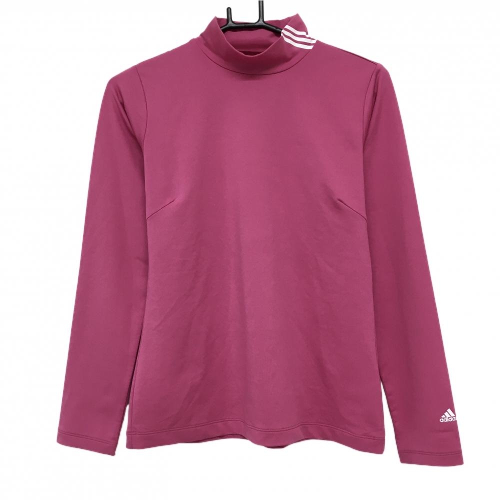【美品】アディダス 長袖ハイネックシャツ ピンク×白 襟3ライン 袖ロゴ レディース M/M ゴルフウェア adidas