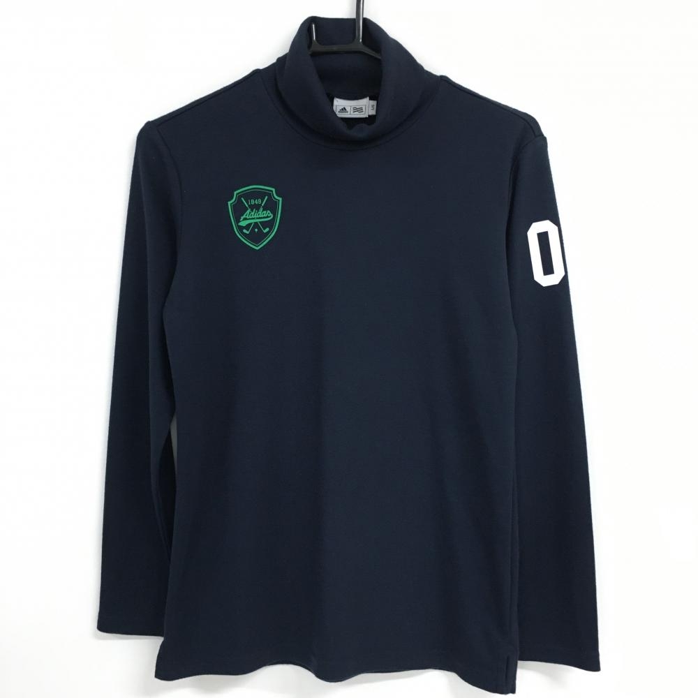 【美品】アディダス 長袖ハイネックシャツ ネイビー×グリーン 表微起毛 アクリル混 レディース L/G ゴルフウェア adidas