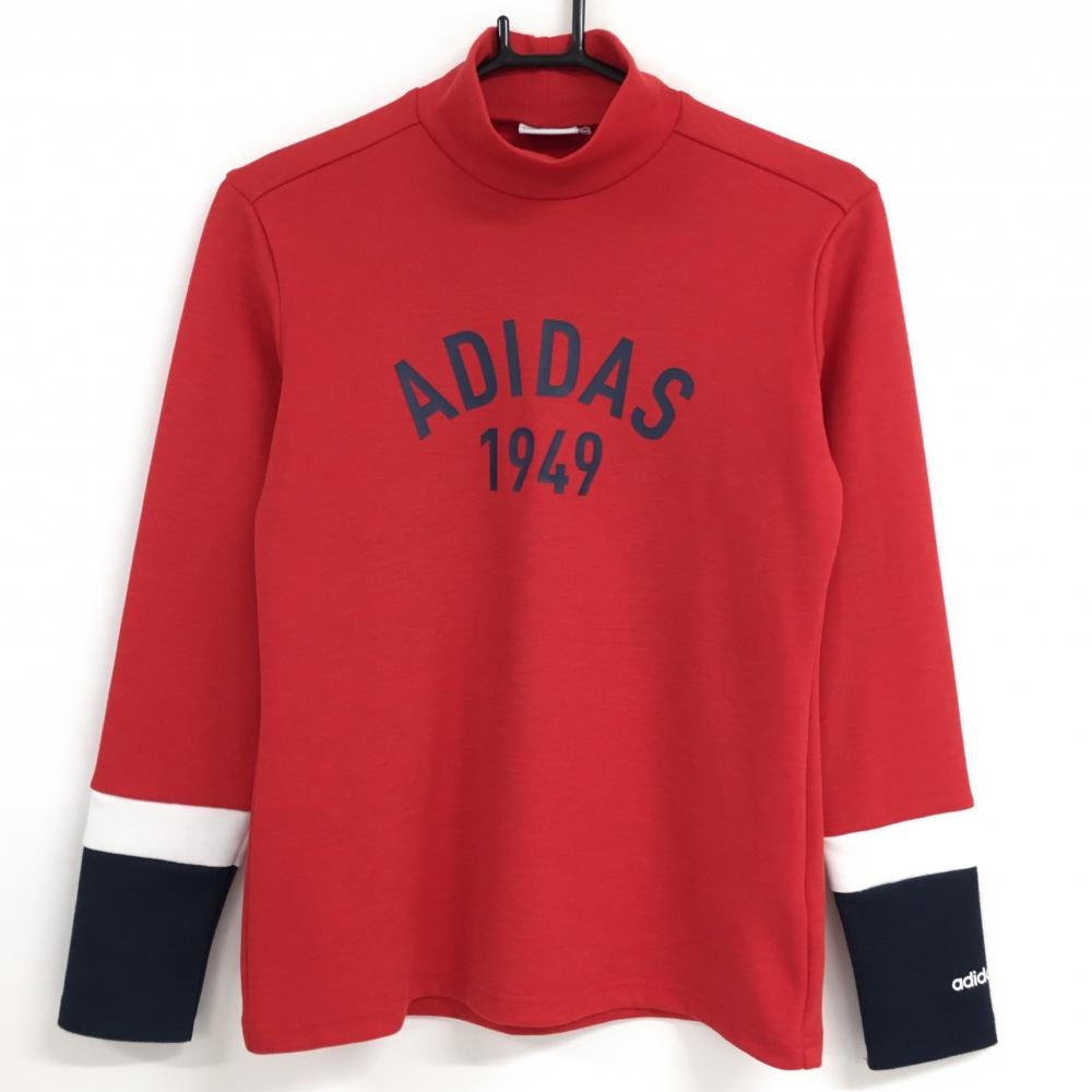 【美品】アディダス 長袖ハイネックシャツ レッド×ネイビー トリコロール ビッグロゴ レディース M/M ゴルフウェア adidas