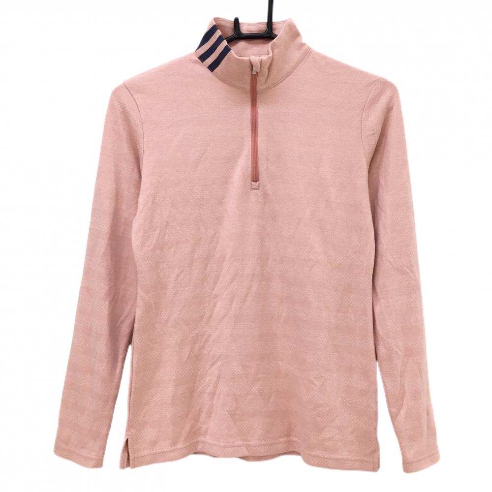 【超美品】アディダス 長袖ハイネックシャツ サーモンオレンジ ボーダー調 表微起毛 3ライン レディース M/M ゴルフウェア adidas