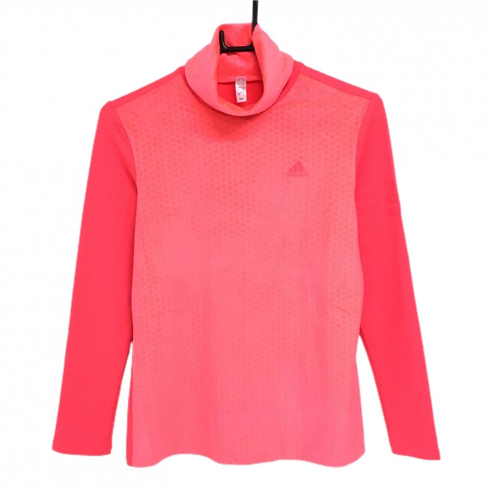 【超美品】アディダス 長袖タートルネックシャツ 蛍光レッド 前面ハニカム柄 前面・ネック起毛素材 レディース M ゴルフウェア adidas
