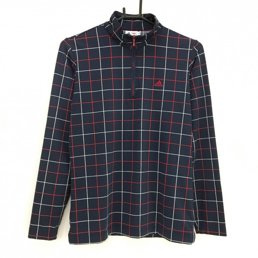 アディダス 長袖ハイネックシャツ ネイビー×白×レッド ハーフジップ レディース L/G ゴルフウェア adidas