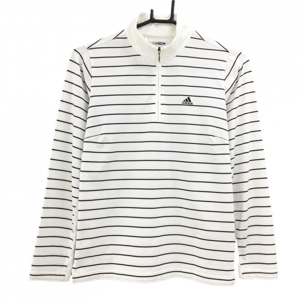 【美品】アディダス 長袖ハイネックシャツ 白×黒 ボーダー クリマクール ハーフジップ  レディース XS/TP ゴルフウェア adidas