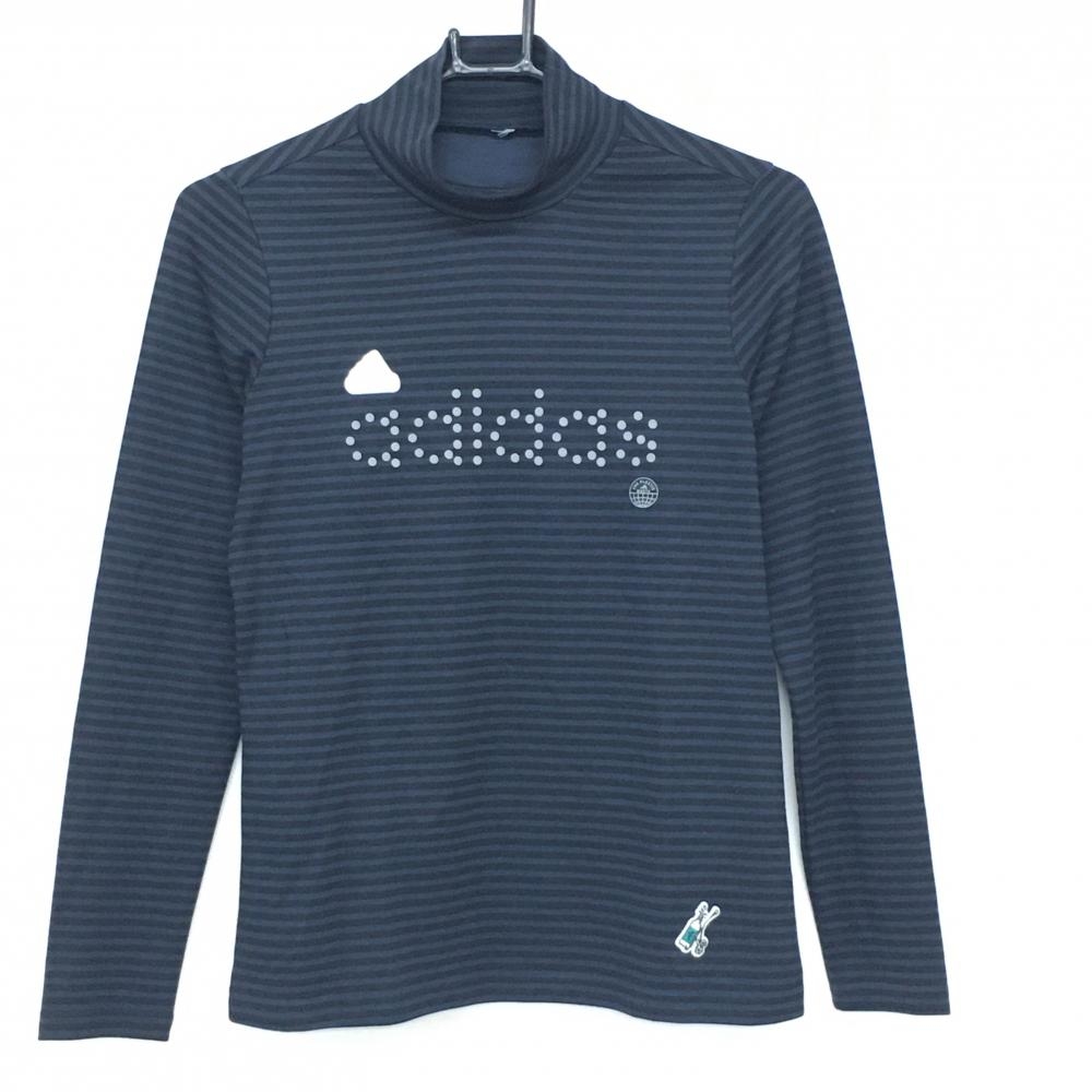【美品】アディダス 長袖ハイネックシャツ ネイビー×黒 ボーダー 胸元ロゴ レディース S ゴルフウェア adidas