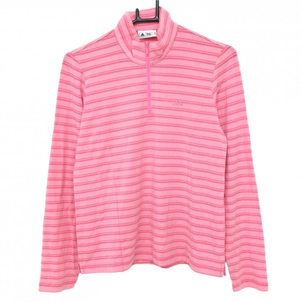 【超美品】アディダス 長袖ハイネックシャツ ピンク ボーダー 表微起毛 ハーフジップ アクリル混 レディース L/G ゴルフウェア adidas