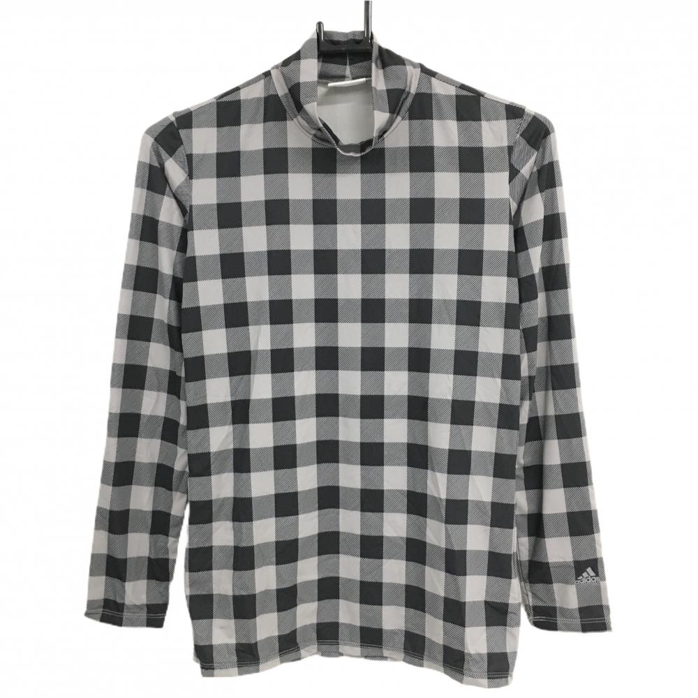 【超美品】アディダス 長袖ハイネックシャツ グレー×黒 ブロックチェック ストレッチ  レディース M/M ゴルフウェア adidas