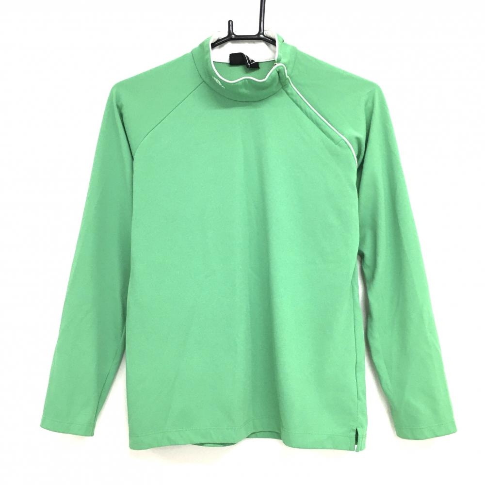 アディダス 長袖ハイネックシャツ グリーン×白 ネックロゴ刺しゅう 肩ジップ レディース L/G ゴルフウェア adidas