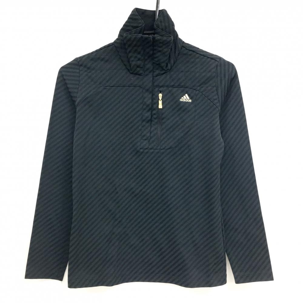 アディダス 長袖ハイネックシャツ ダークグレー×黒 斜めストライプ地模様 ハーフジップ  レディース XS/XP ゴルフウェア adidas