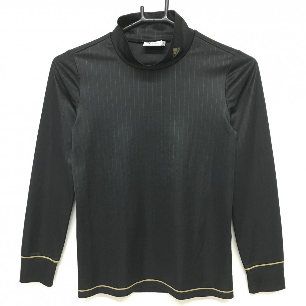 【超美品】アディダス 長袖ハイネックシャツ 黒 ストライプ地模様 ロゴゴールド  レディース S/P ゴルフウェア adidas
