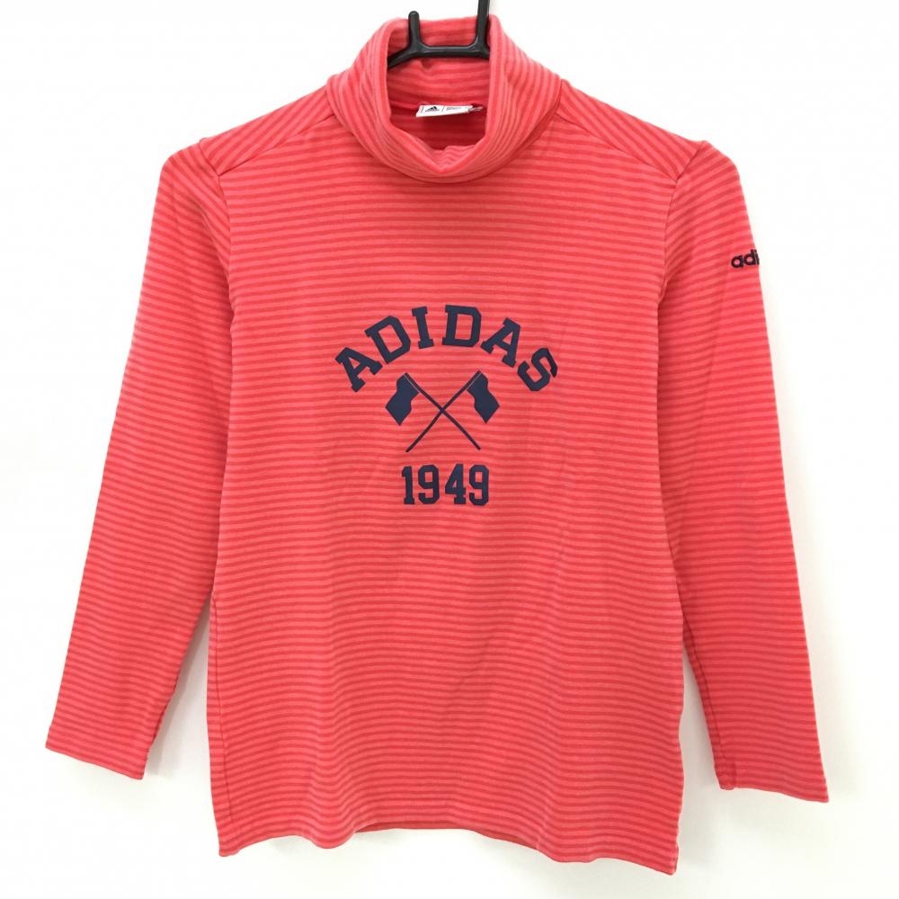 【超美品】アディダス 長袖ハイネックシャツ レッド系 ボーダー ロゴネイビー 裏起毛  レディース M/M ゴルフウェア adidas