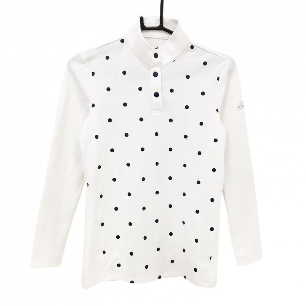 アディダス 長袖ハイネックシャツ 白×ネイビー ドット柄 スナップボタン レディース L ゴルフウェア adidas