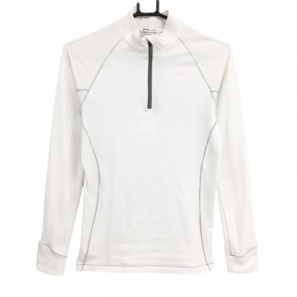 【美品】アディダス 長袖ハイネックシャツ 白×グレー ハーフジップ 裏微起毛  レディース M ゴルフウェア adidas