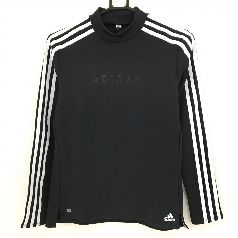 【超美品】アディダス 長袖ハイネックシャツ 黒×白 肩・袖3ライン 胸元ロゴ レディース M ゴルフウェア adidas