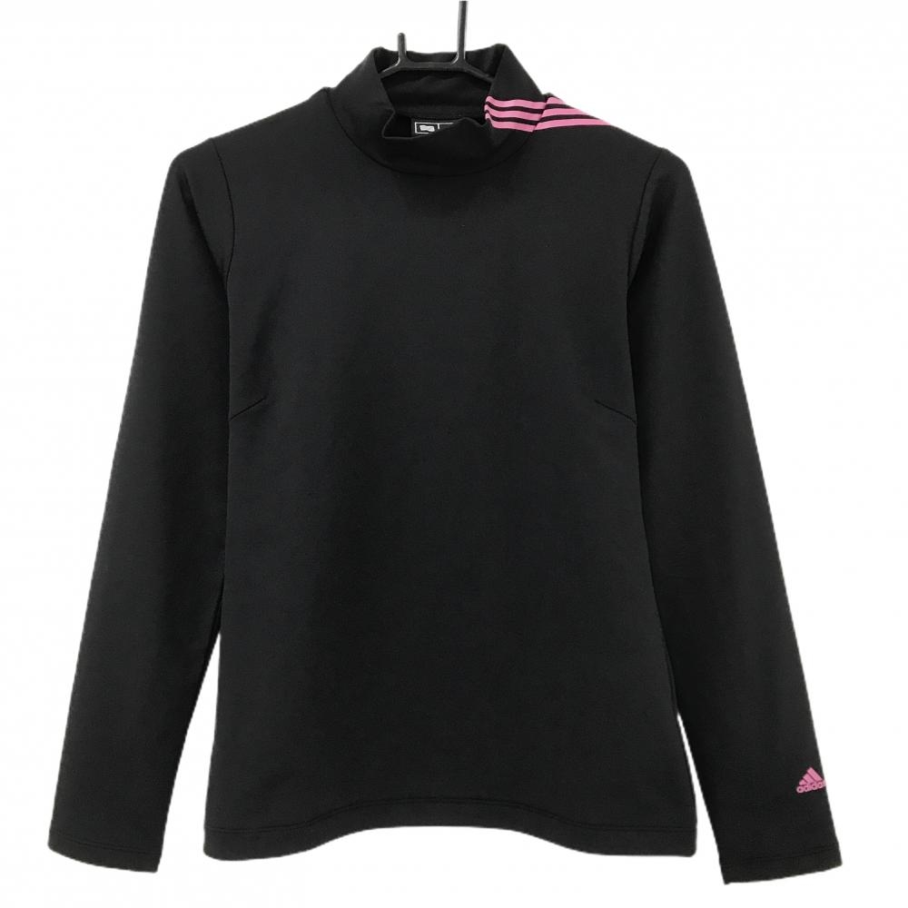 【美品】アディダス 長袖ハイネックシャツ 黒×ピンク 肩3ライン ストレッチ  レディース M/M ゴルフウェア adidas