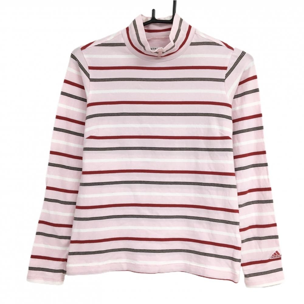 【美品】アディダス 長袖ハイネックシャツ ピンク×レッド ボーダー ネックボタン レディース S/P ゴルフウェア adidas