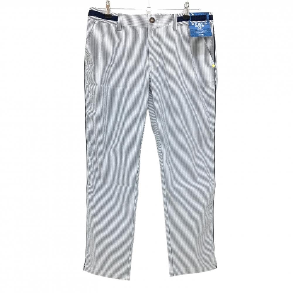 【新品】アディダス パンツ ネイビー×白 細ストライプ サッカー生地 UVカット 吸汗速乾 ストレッチ レディース LL ゴルフウェア adidas