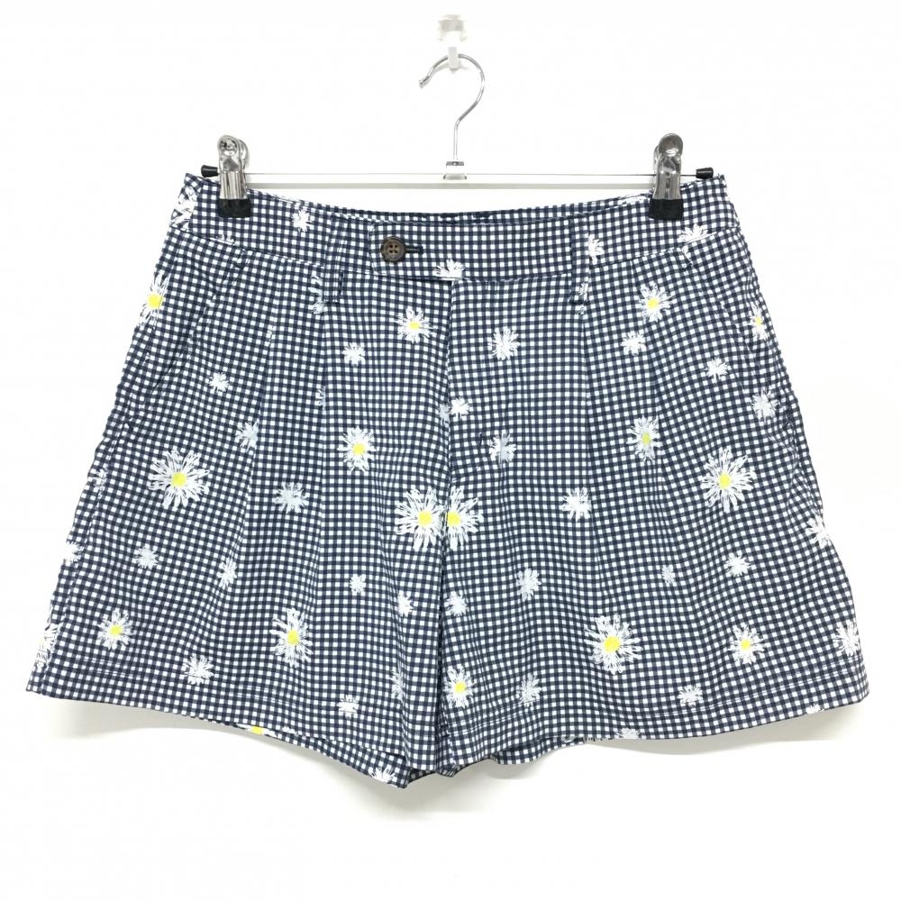 【超美品】アディダス ショートパンツ ネイビー×白 チェック 花柄 バックロゴ レディース L/G ゴルフウェア adidas