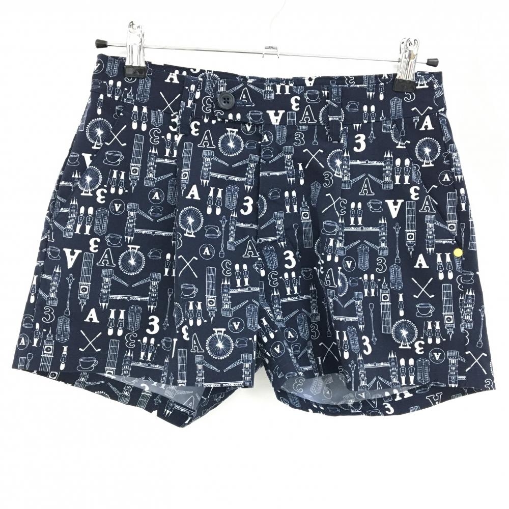 【美品】アディダス ショートパンツ ネイビー×白 総柄 バックロゴ レディース S/P(S) ゴルフウェア adidas