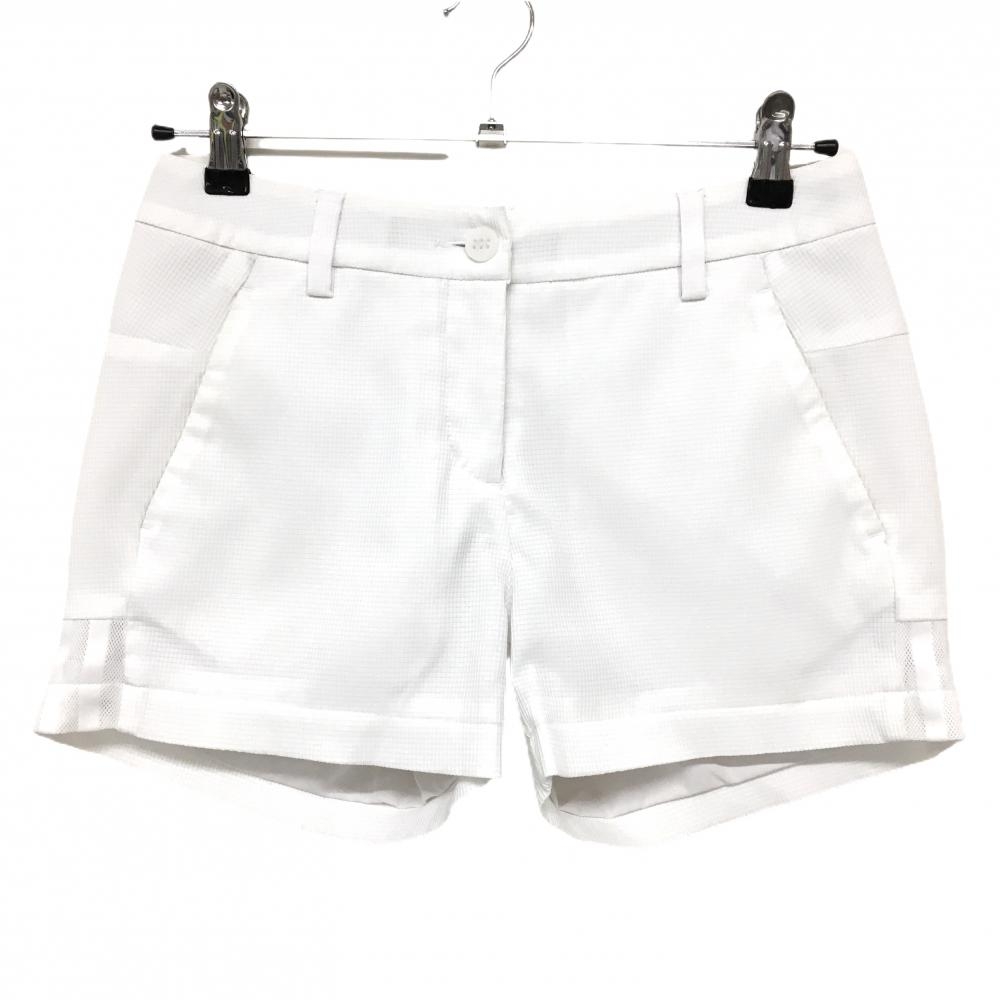 【超美品】アディダス ショートパンツ 白 格子織生地 裾サイドメッシュ バックロゴ レディース M ゴルフウェア adidas
