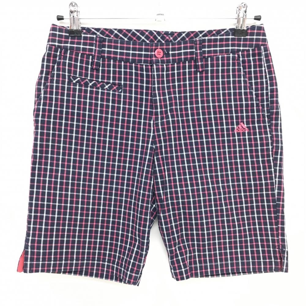 【美品】アディダス ショートパンツ ネイビー×ピンク 格子チェック  レディース M/M ゴルフウェア adidas