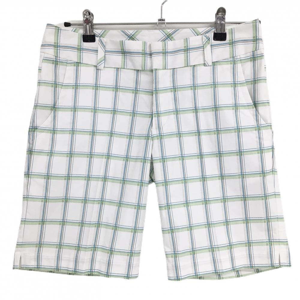 【美品】アディダス ショートパンツ 白×グリーン チェック ストレッチ CLIMALITE レディース M/M ゴルフウェア adidas