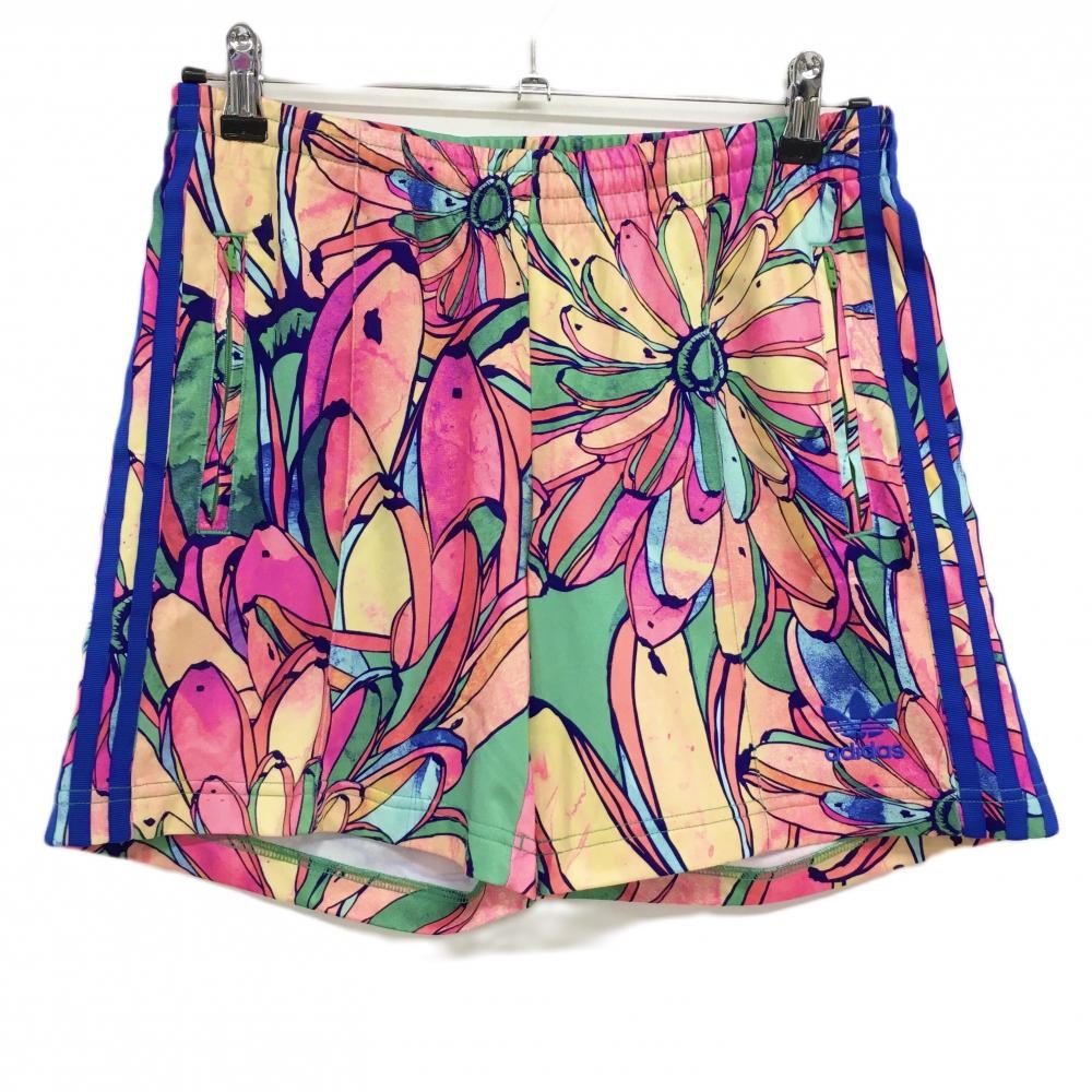 【超美品】アディダス ショートパンツ マルチカラー 花柄 3ラインブルー ロゴ刺しゅう レディース L ゴルフウェア adidas