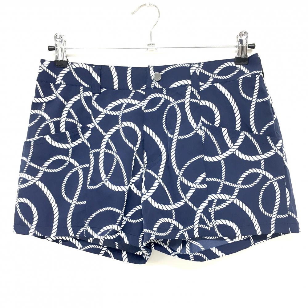 【超美品】アディダス ショートパンツ ネイビー×白 ロープ柄 ストレッチ adipure レディース M/M ゴルフウェア adidas