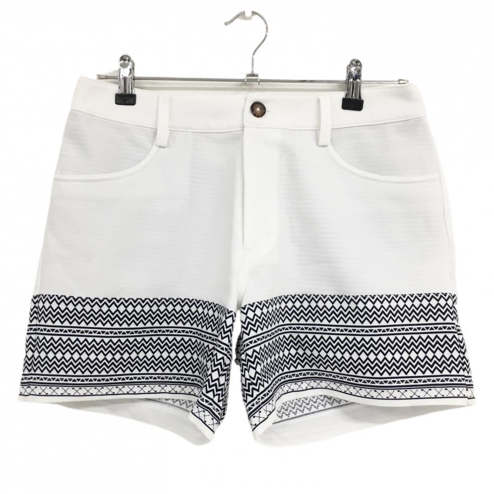 【美品】アディダス ショートパンツ 白×ネイビー 裾ギザギザ柄 ロゴ刺しゅう レディース L/G ゴルフウェア adidas