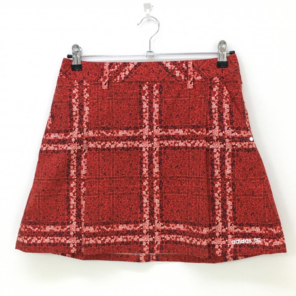 【超美品】アディダス スカート レッド×白 バラ柄 チェック 総柄 裾ロゴ刺しゅう レディース S/P ゴルフウェア adidas