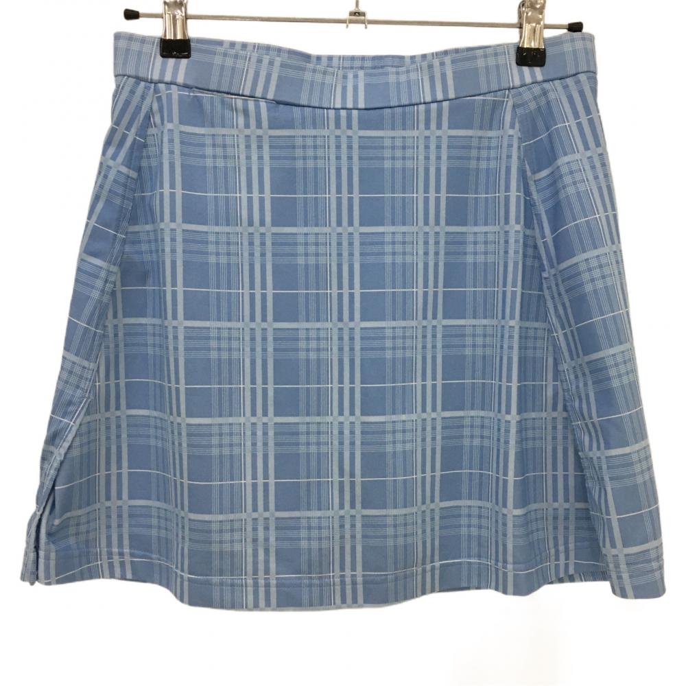 【美品】アディダス ストレッチスカート ライトブルー×白 チェック 内側インナーパンツ レディース L/G ゴルフウェア adidas
