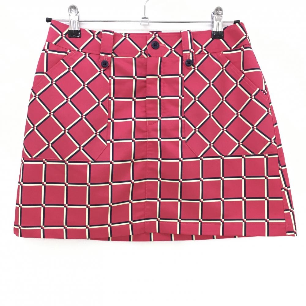 【超美品】アディダス スカート ピンク×ネイビー 格子柄 バックロゴ刺しゅう レディース M/M ゴルフウェア adidas