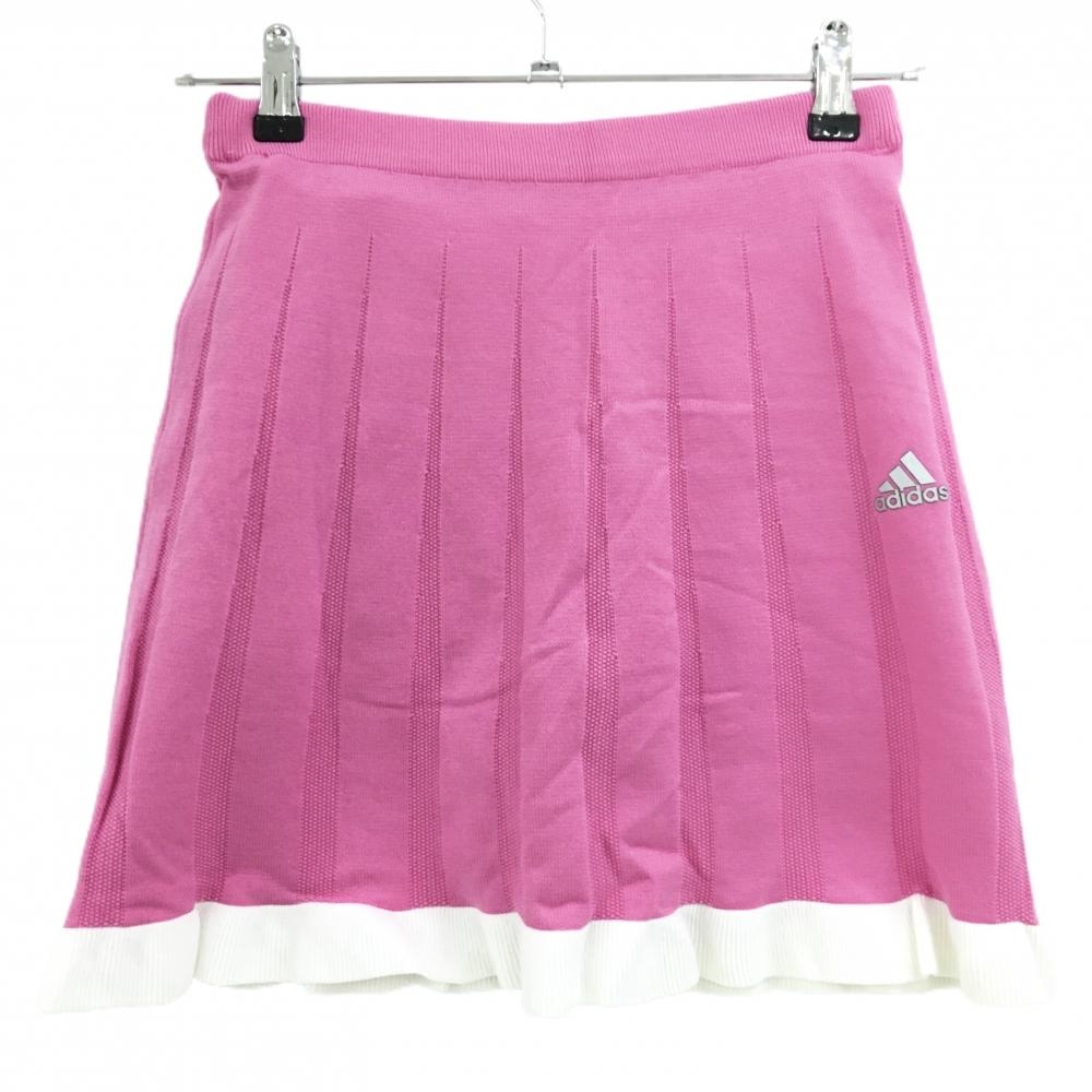 【超美品】アディダス ニットスカート ピンク×白 ロゴプリント インナーパンツ付 レディース J/S ゴルフウェア adidas