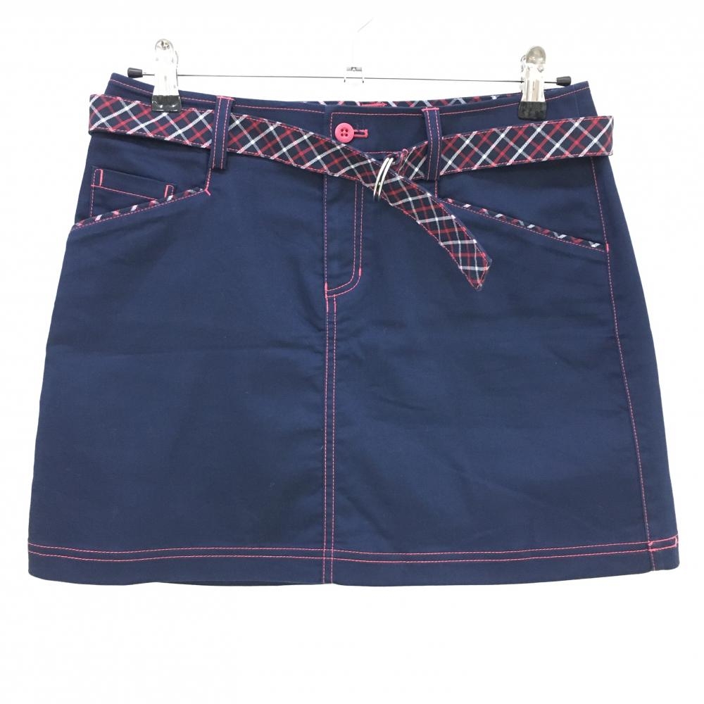 【美品】アディダス スカート ネイビー×ピンク ステッチ ベルト付き ストレッチ レディース L/G ゴルフウェア adidas