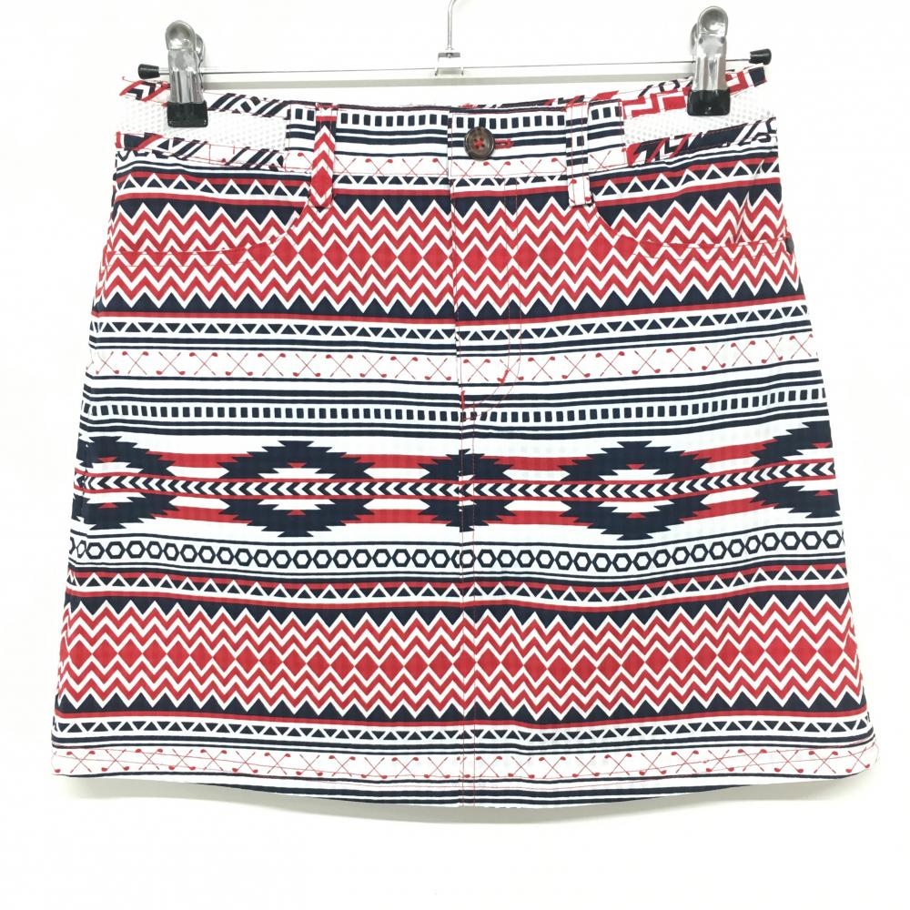 【超美品】アディダス スカート 白×レッド 総柄 バックロゴ レディース S ゴルフウェア adidas