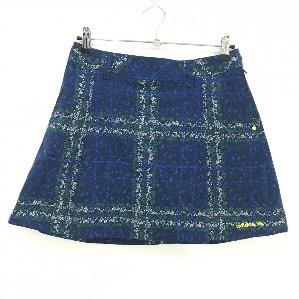 【超美品】アディダス スカート ネイビー×グリーン バラ柄 ロゴ刺しゅう レディース M/M ゴルフウェア adidas