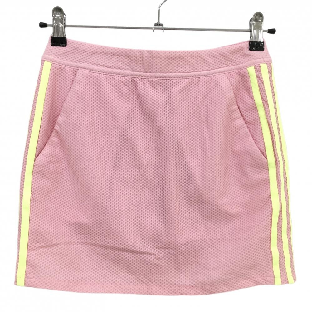 【美品】アディダス スカート ピンク×イエロー 凹凸生地 サイド3ライン 内側インナーパンツ レディース M ゴルフウェア adidas