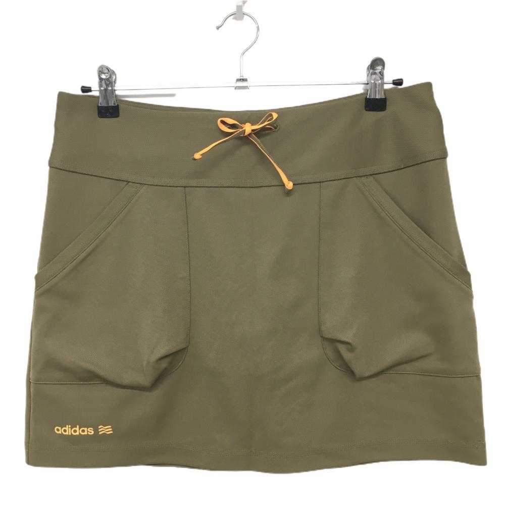 【超美品】アディダス スカート カーキ×オレンジ ウエスト調整紐 内側インナーパンツ ストレッチ レディース L ゴルフウェア adidas
