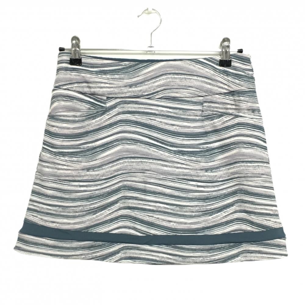 【超美品】アディダス スカート 白×グリーン系×ベージュ系 ボーダー調 内側インナーパンツ レディース L ゴルフウェア adidas