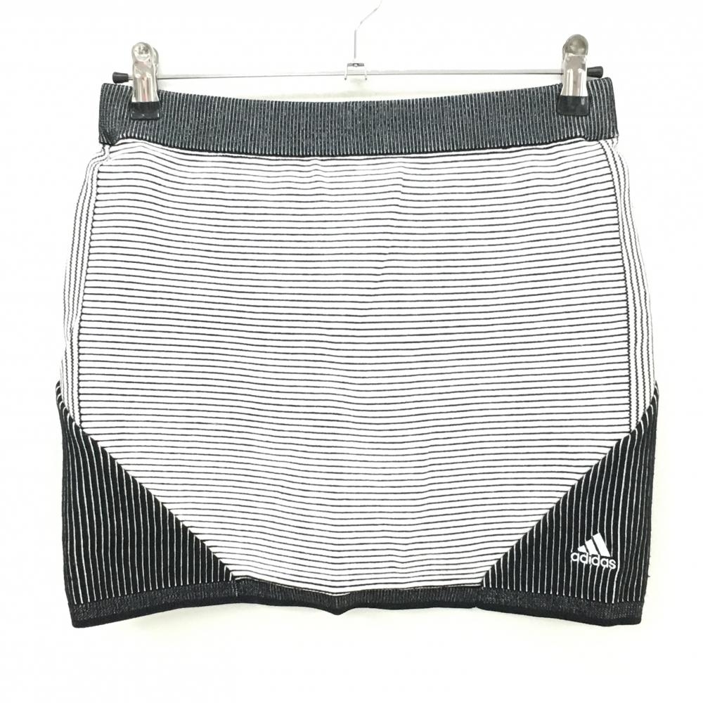 【美品】アディダス ニットスカート 白×黒 ボーダー 後ろストライプ ナイロン100％ レディース J/L ゴルフウェア adidas